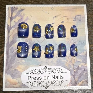 Blau Gold Strand Press On Nails Seepferdchen Muscheln Seestern Perlen Blasen verziert - Bild 1 von 8