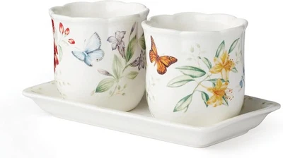 Lenox Butterfly Meadow 2 Herb Pots With Tray, Butterfly, Flowers, Bees NEW - Image 1 of 4