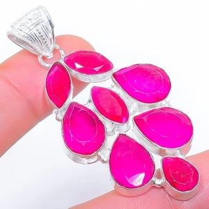 Red Simulated Gemstone Handmade 925 Sterling Silver Jewelry Pendant 2.3" - Picture 1 of 5