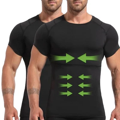  4D Mens Compression Shirt Short Sleeve, Gynecomastia Tummy Large 2 Pack Black - Image 1 of 4