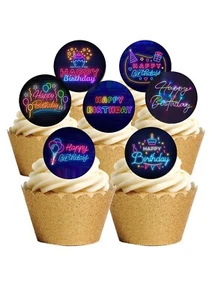 Cake Toppers Neon Signs Bright Happy Birthday Party 24 PRECUT Edible Wafer Paper - Picture 1 of 9