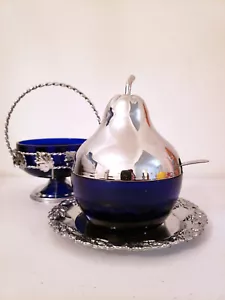 Vintage Stainless Steel and Cobalt Blue Glass Pear Sugar Bowl by Morinox Italy - Picture 1 of 7