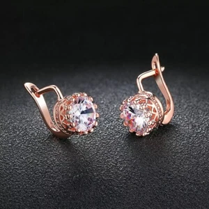 18K REAL ROSE GOLD FILLED HOOP EARRINGS MADE WITH ROUND SWAROVSKI CRYSTALS RG9 - Picture 1 of 6