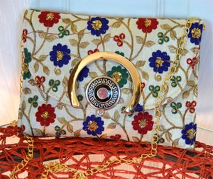 Beige Silk Fabric Multi Color Embroidered Purse Clutch Shoulder Bag from India! - Picture 1 of 5