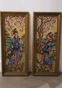 Vintage 1980's Framed Hand Embroidered Asian Needlepoint Art. Taikomochi/Geisha - Picture 1 of 10
