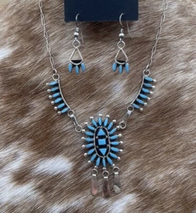 Native American Zuni handmade Silver Turquoise Inlay Needlepoint Necklace 18” - Picture 1 of 10