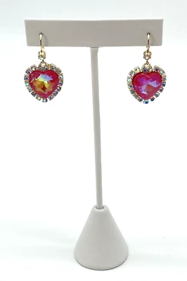 Betsey Johnson Gold Tone Iridescent Rhinestone Halo Heart Leverback Earrings NWT - Image 1 of 4