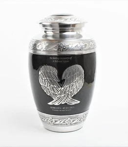 Urna grande de cenizas de cremación funeraria para adultos personalizada ala de ángel negra y plateada - Imagen 1 de 10