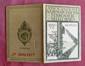 TESSERA ASSOCIAZIONE NAZIONALE FERROVIERI 1929 ORIGINALE RARISSIMA - Foto 1 di 4