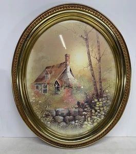VINTAGE HOME INTERIORS HOMCO GOLD FRAMED OVAL COUNTRY COTTAGE PICTURE FREE SHIP - Picture 1 of 4