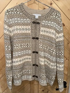 Susan Bristol Nordic 100% Wool Fair Isle Metal Clasp Cardigan Sweater Size XL - Picture 1 of 5