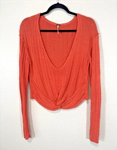 Free People Got Me Twisted Top Small Orange Ribbed V-Neck Long Sleeve Blouse - Picture 1 of 9