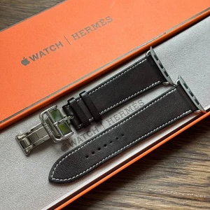 Hermès Apple Watch Ébène Cuir 45 mm Apple Watch Cuir Bracelet déployant D - Photo 1 sur 8