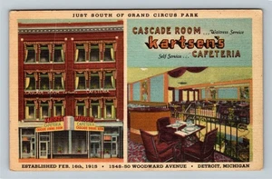 Detroit MI-Michigan Kartsen's Cafeteria Cascade Room Antique Vintage Postcard - Bild 1 von 2