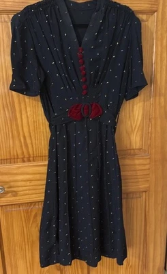 Vestido vintage años 30 40 novedad confeti rayón pinup terciopelo plisado con cinturón Foto 1 de 4