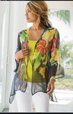 oft Surroundings Silk Floral Topper Kimono Size L -XL Sheer Bohemia Floral  NWOT - Изображение 1 из 4
