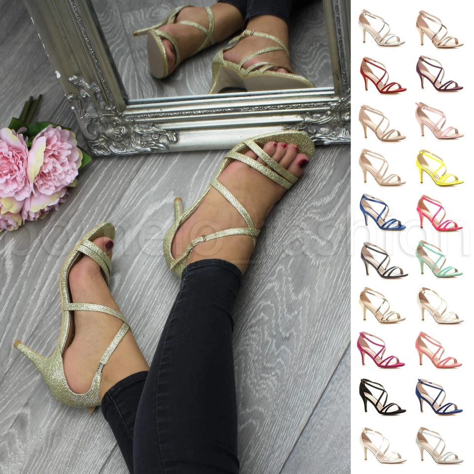 WOMENS LADIES STRAPPY CROSSOVER MID HIGH HEEL WEDDING BRIDESMAID SANDALS SIZE - Image 1 of 1