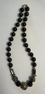 Vintage VTG Black Ball Beaded Choker Retro String Necklace 19.5 Inches - Picture 1 of 8