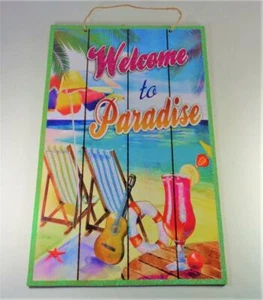 WELCOME TO PARADISE TROPICAL BEACH LUAU PARTY DECORATIVE SUN AND SAND WALL SIGN - Picture 1 of 3