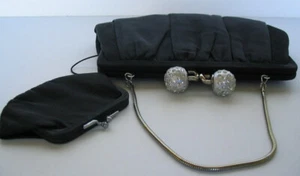 Vtg AFTER FIVE Black Silk Clutch Purse SILVER CHAIN & CLASP MANY RHINESTONES - Picture 1 of 10