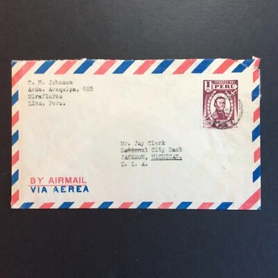 BroadviewStamps Peru air mail cover #381 Lima to Michigan. - Image 1 of 3