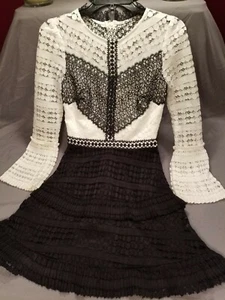 GIANNI BINI Long Sleeve Lace Country Boho Dress, Knee Length, Black+White, XS - Picture 1 of 12