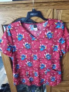 Disney Stitch Winter/Christmas Scrub Top Polyester Large - Picture 1 of 2