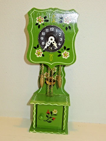 Antique Miniature Grandfather Clock Green Painted w/Key & Pendulum & Paperwork Cover