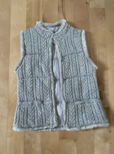 Talbots Vest with Faux Fur Trim Size S Small Silver Gray Cable Knit - Picture 1 of 12