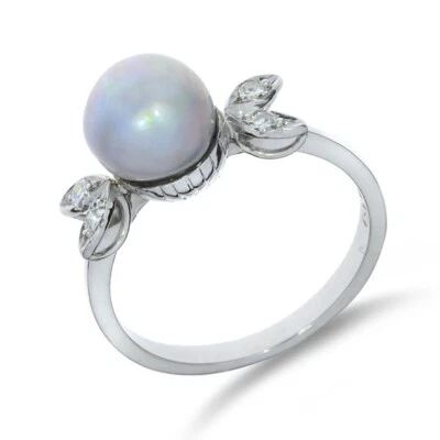 Vintage 18K White Gold 8.5mm Silver Pearl & Natural Diamond Ring GR-2283-P - Image 1 of 4