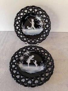 Vintage Westmoreland Black Glass Lace Edge Mary Gregory Plates - Picture 1 of 6
