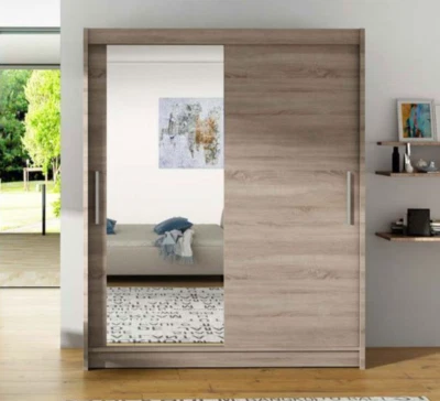 Wardrobe WESTA VI Sliding Doors Mirror Hanging Rail Shelves Truffle New - Image 1 of 2