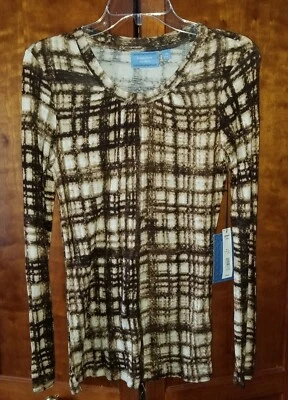 Nuevo con etiquetas Camiseta Top Simply Vera Wang XS Manga Larga Estampado Marrón Crema Para Mujer Suave Foto 1 de 4