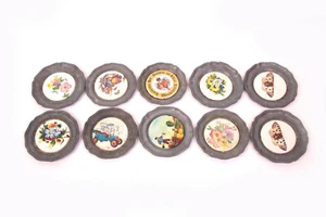 Colección plato de estaño plato decorativo de porcelana borde de estaño flores mariposa rústico - Imagen 1 de 4