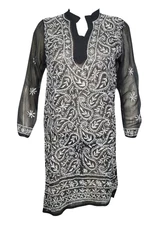 Black Chikankari Tunic Floral Embroidered Georgette Hippie Boho Gypsy Coverup L