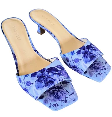 Nine West Inya Women 9  Kitten Heel Sandal Blue W/ Purple Rose Fabric NEW - Image 1 of 4