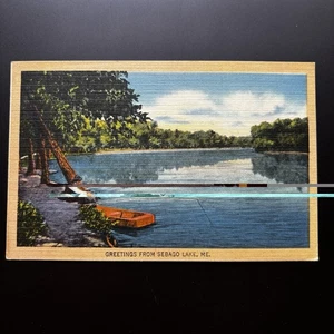 ME Greetings from Sebago Lake fishing FABVINTY BARGAIN POSTCARD 1945 linen image - Picture 1 of 2