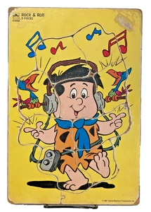 Vintage Wooden jigsaw puzzle Golden Book Fred Flintstone Rock Roll Hanna-Barbera - Picture 1 of 8