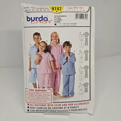 Burda Sewing Pattern 9747 Kids Sleepwear Pyjamas Pajamas Size US 3-15 - Image 1 of 2