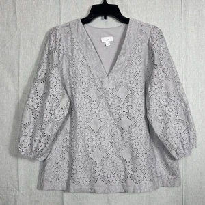 J. JILL Damen Gr. Medium hellgrau Spitze Strick Top V-Ausschnitt Ösen Design (A) - Bild 1 von 11