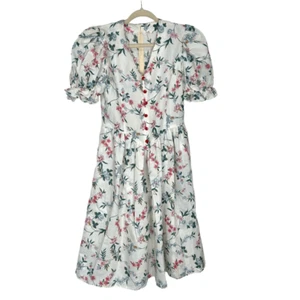 Handmade Vintage Midi Dress Floral Puff Sleeve 8 White Green Pink Ruffle Cottage - Picture 1 of 12