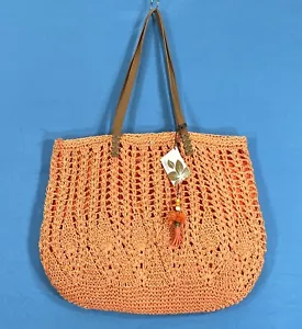Nwt CAPPELLI STRAWORLD Coral Orange STRAW Lined POMPOM CHARM Tote Shoulder Bag - Picture 1 of 5