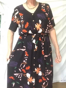 FROCK ME OUT size 16 DRESS Black, Multi Abstract MIDI Button front SELF TIE - Picture 1 of 18