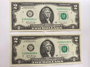 2 Stempelglanz seltene Seriennummern Zwei Dollar Scheine Scheine 3 Satz 25 Seriennummer - Bild 1 von 2