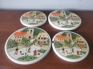 Vtg Set of 4 English Village Scene Enamel Stove Burner Cover Folk Art 8' & 10' - Picture 1 of 5