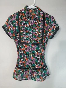 NY Collection Button Up Shirt Women's Size Small Pleated Sheer short sleeve - Picture 1 of 10