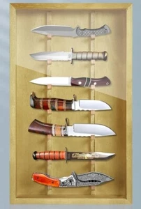Knife Display Case Cabinet 7 Pcs Yellow Wood Pocket Knives Rack Wall Shadow Box - Picture 1 of 12