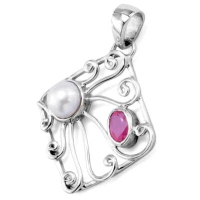 925 ECHT SILBER *** Design  Anhänger 24 mm, Viereck / Raute, mit Perle und Rubin - Bild 1 von 2