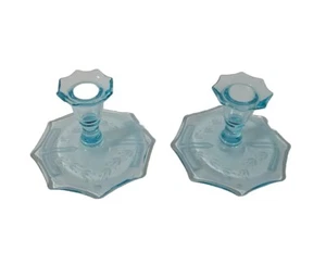 Vintage Fostoria Etched Art Deco Light Blue Candlestick Holders Spring Easter - Picture 1 of 7
