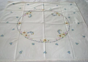 Handmade Tablecloth Embroidery Flowers White Yellow Blue Cottagecord - Picture 1 of 7